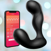 The sleek black Svakom Iker App-Controlled Prostate and Perineum Vibrator, with its curved design, floats in front of a smartphone displaying app-controlled vibration intensity and pattern settings. Soft-focus colorful circular lights enhance its modern allure in the background.